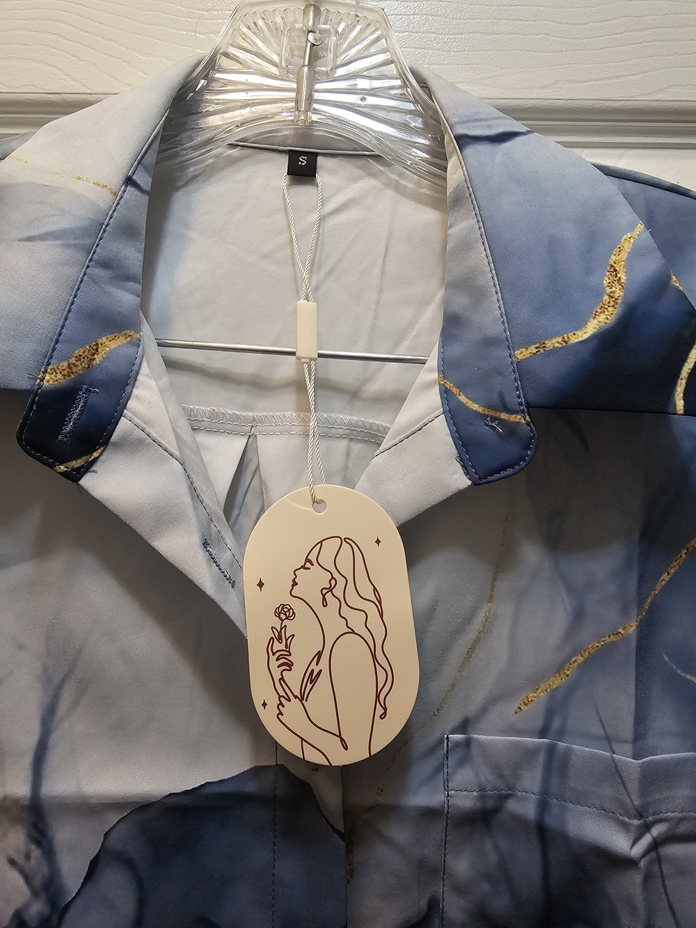 New Women’s Blue Marble Print Button-Up Shirt with Gold Accents - Picture 3 of 4